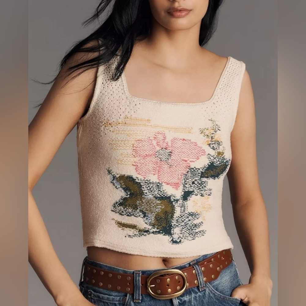 Anthropologie Floral Knit Square-Neck Tank Top - Cream with Pink Floral Size XL